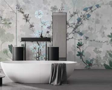 Carta da parati con fiori verdi e azzurri con finitura Acqua System Botanica WPC 643 di Caos Creativo by Rossi&Co