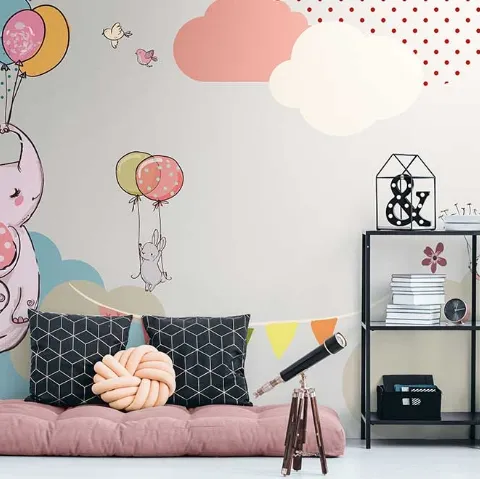 Carta da parati con elefanti, topolini e palloncini colorati Colour me baby WPC_727 di Caos Creativo by Rossi&Co