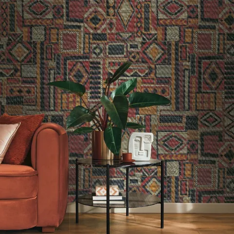 Carta da parati con geometrie che si ispirano ai tappeti orientali Vernissage WPC_919 di Caos Creativo by Rossi&Co