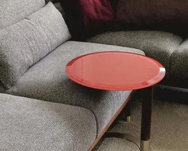 Tavolino rotondo con base in metallo e legno massello e top in cristallo retroverniciato Jok di Porada