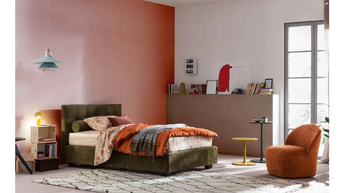 Letto Singolo in tessuto Max Capitonné con contenitore di Twils