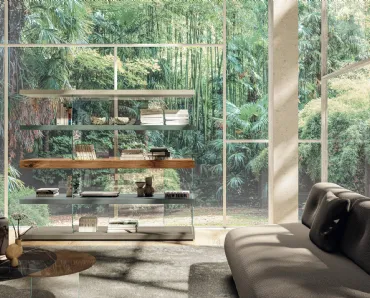 Libreria divisoria Air 1465 in laccato e legno con supporti in vetro di Lago