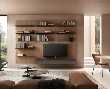 Libreria Boiserie Air in Noce Canaletto con mensole in metallo di Capo d'Opera
