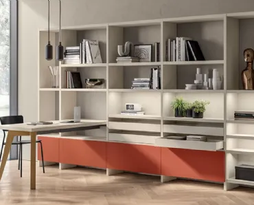 Libreria Living Motus sistema Fluida in laccato opaco di Scavolini