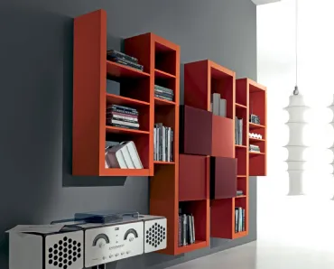 Libreria Side 17 in laccato opaco arancio, prugna e mattone di Fimar