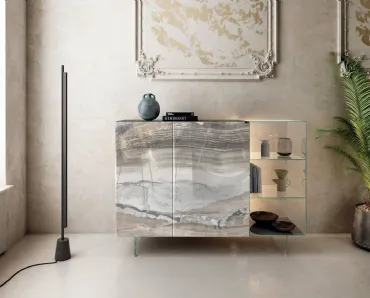 Madia 36e8 Glass 1346 in vetro con ante effetto marmo e teche in vetro extrachiaro di Lago
