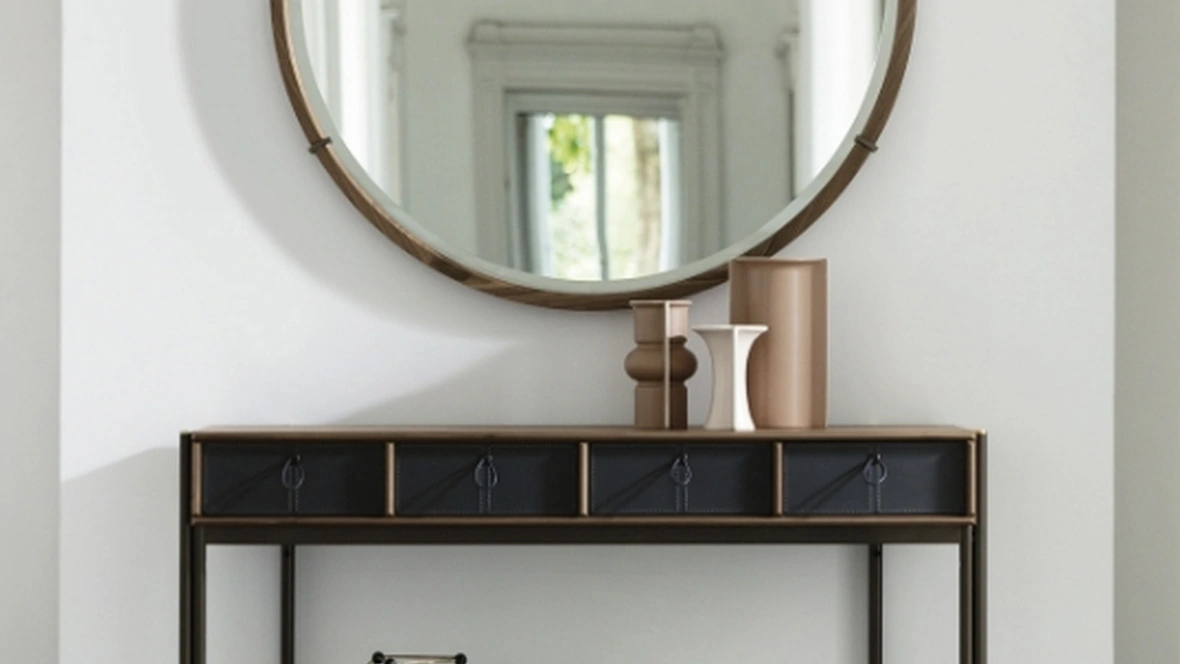 Mobile ingresso Bayus 8 in legno con cassetti in cuoio di Porada