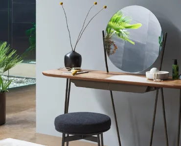 Mobile ingresso Coseno Consolle con top in legno e struttura in metallo con specchio rotondo di Bonaldo