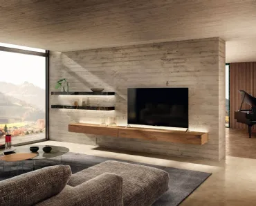 Parete Attrezzata in legno con mensole in vetro Dub 36e8 1400 di Lago