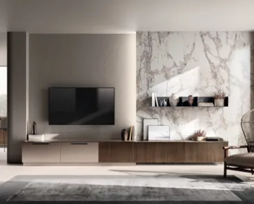 Parete Attrezzata Living Musa in Rovere Pecan e laccato opaco di Scavolini