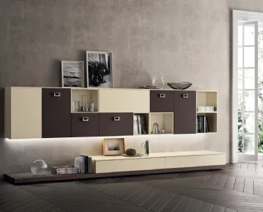 Parete Attrezzata Living Exclusiva in laccato Beige e Pelle Ebano di Scavolini