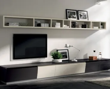 Parete Attrezzata Living Flux in laccato lucido Grigio Ferro e Tortora di Scavolini