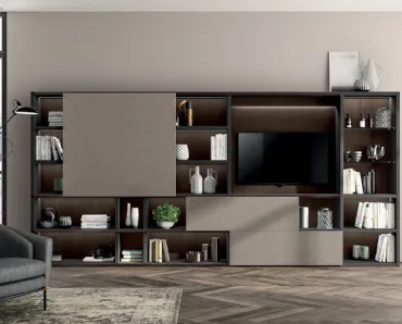 Parete Attrezzata Living Liberamente in Biomalta Argilla e Rovere di Scavolini