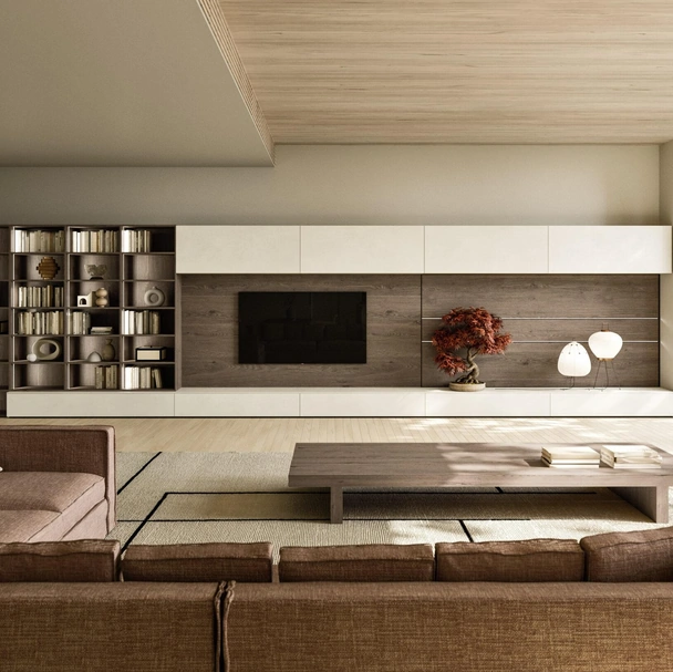 Parete Attrezzata Modula Composizione 02 in ceramica bianco calce e impiallacciato rovere di Snaidero