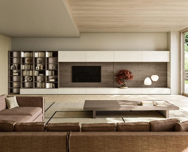 Parete Attrezzata Modula Composizione 02 in ceramica bianco calce e impiallacciato rovere di Snaidero