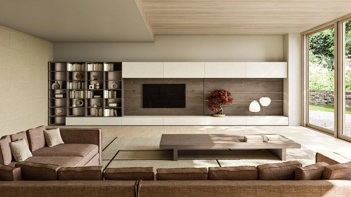 Parete Attrezzata Modula Composizione 02 in ceramica bianco calce e impiallacciato rovere di Snaidero