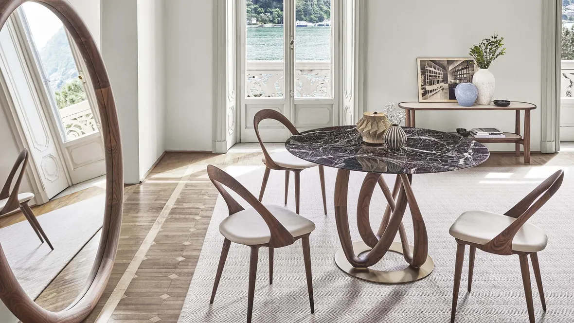 Tavolo rotondo con piano in marmo e base in legno massello Infinity di Porada