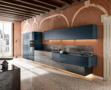 Cucina Design lineare sospesa 36e8 36e8 Metal XGlass Project 1093 in vetro laccato di Lago