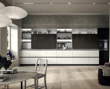 Cucina Design lineare Link in laccato Bianco e nobilitato effetto legno di Snaidero