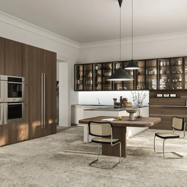 Cucina Design con penisola Opera 01 in legno e laccato di Snaidero