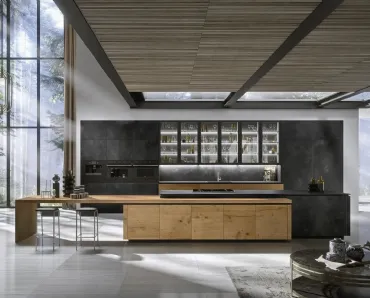 Cucina Design con isola Way Materia in gres Ossido Nero e Rovere di Snaidero