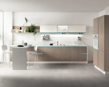 Cucina Moderna Dandy Plus Rovere Gessato con maniglia Blu Agave di Scavolini