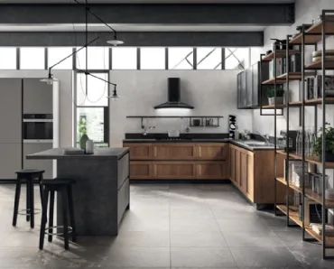 Cucina Moderna angolare con isola Evolution in decorativo Rovere Land e laminato Volcanic Ash di Scavolini