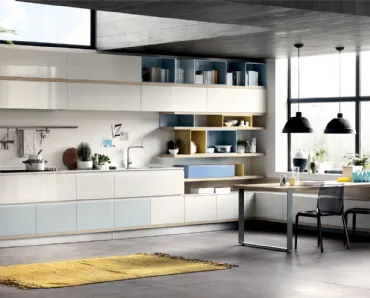 Cucina Moderna Foodshelf lucida Ghiaccio e Azzurro Laguna di Scavolini