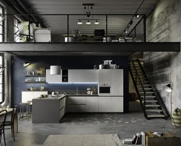 Cucina Moderna con penisola Joy in nobilitato Rovere Bianco Gessato di Snaidero
