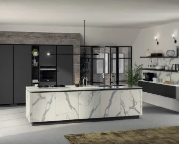Cucina Moderna Liberamente in laminato Statuario e Grigio Ferro di Scavolini