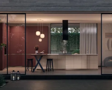 Cucina Moderna Lumina in vetro dogato Pas Dosé e Fenix Rosso Jaipur di Scavolini