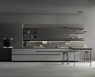 Cucina Moderna in Fenix Grigio con penisola in materico Larice Nero M2 Linea di Meson's Cucine