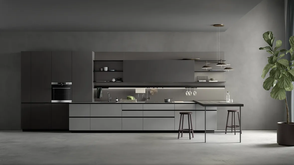 Cucina Moderna in Fenix Grigio con penisola in materico Larice Nero M2 Linea di Meson's Cucine
