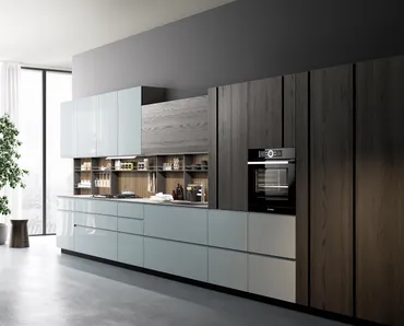 Cucina Moderna lineare M2 Linea in laccato lucido Carta da Zucchero e materico Larice Nero di Meson's Cucine