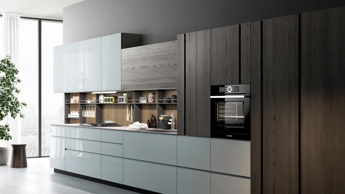 Cucina Moderna lineare M2 Linea in laccato lucido Carta da Zucchero e materico Larice Nero di Meson's Cucine