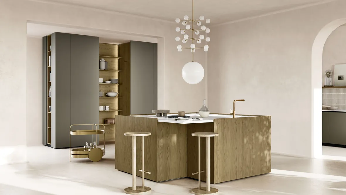 Cucina Moderna ME Slim con isola in essenza Ambra e colonne in laccato ossidato Cacao di Meson's Cucine