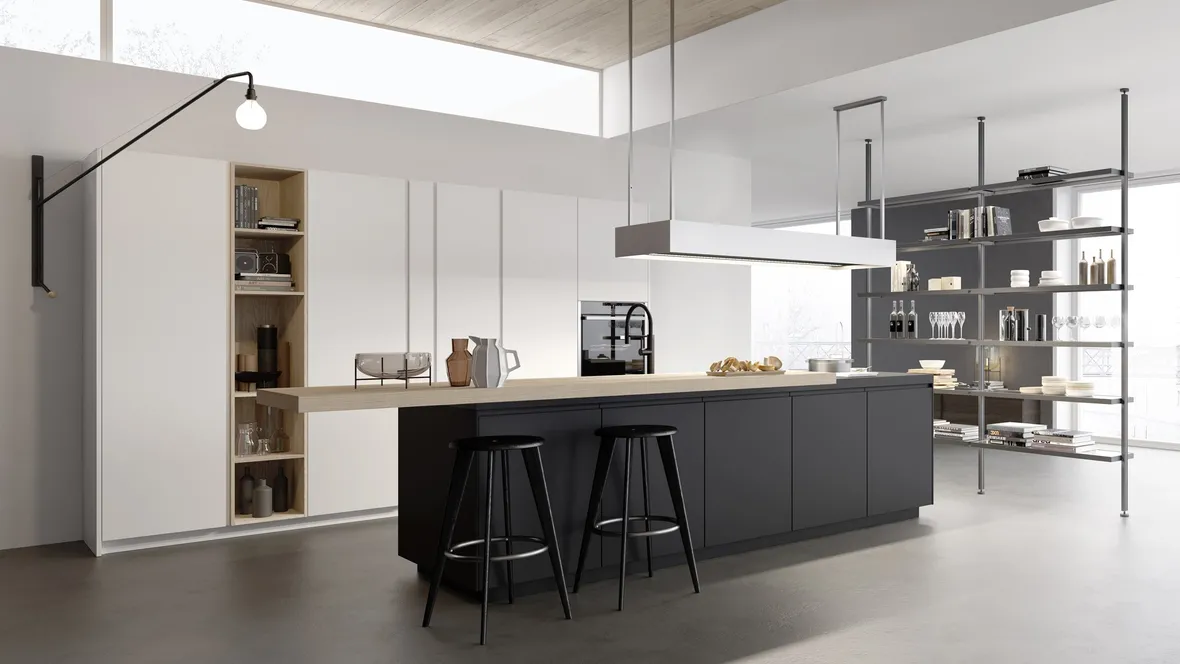 Cucina Moderna M2 Linea con isola in Fenix Nero e penisola in essenza Olmo sbiancato di Meson's Cucine
