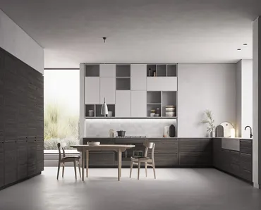 Cucina Moderna angolare M2 Memo in essenza Olmo Grigio e laccato opaco Efeso con top in Laminam Pietra di Savoia Grigia Bocciardata di Meson's Cucine