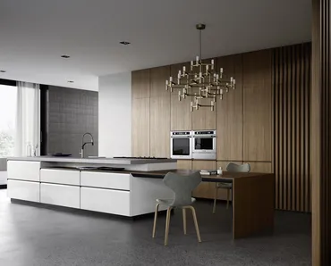 Cucina Moderna M6 Profili con isola in laccato lucido Artico  e penisola e colonne in essenza Noce Tecnico di Meson's Cucine