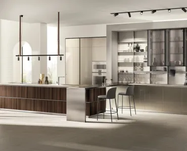 Cucina Moderna Mira 01 in Eucalipto e laccato lucido Perlage di Scavolini
