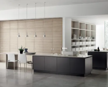Cucina Moderna Qi con doppia isola in laccato Grigio Ferro e Olmo Hono di Scavolini