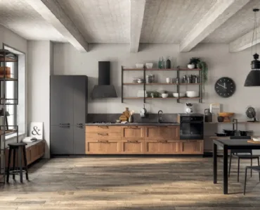 Cucina Moderna lineare Sax in decorativo Rovere Land e laccato opaco Grigio Ferro di Scavolini
