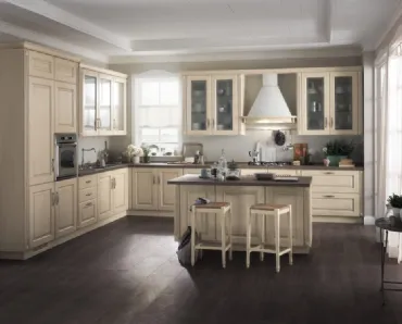 Cucina Shabby Chic Madeleine Frassino Bianco Burro con isola di Scavolini