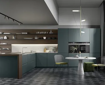 Cucina su misura con penisola M6 Profili in laccato opaco Aftereight con piano snack e boiserie in Essenza Rovere termotrattato di Meson's Cucine