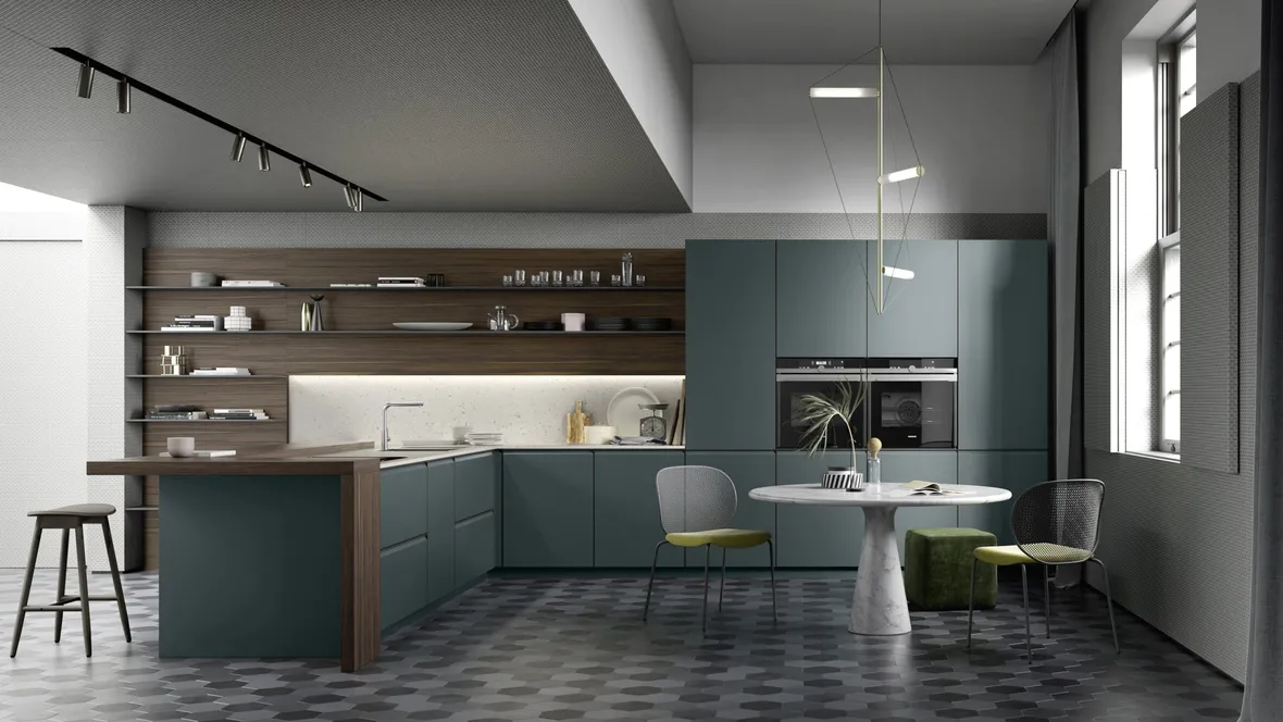 Cucina su misura con penisola M6 Profili in laccato opaco Aftereight con piano snack e boiserie in Essenza Rovere termotrattato di Meson's Cucine