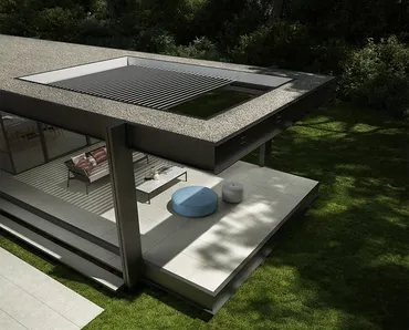 Pergola bioclimatica dotata di sistema di lame frangisole che con telecomando si inclinano e compattano in un unico movimento Brera B di Pratic