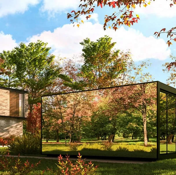 Pergola bioclimatica caratterizzata da vetrate specchiate che non impediscono la vista verso l'esterno Connect di Pratic