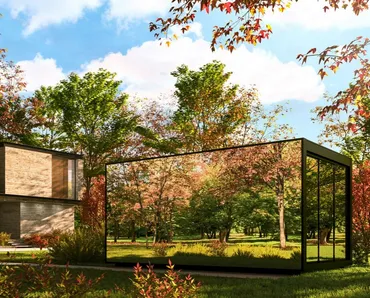 Pergola bioclimatica caratterizzata da vetrate specchiate che non impediscono la vista verso l'esterno Connect di Pratic