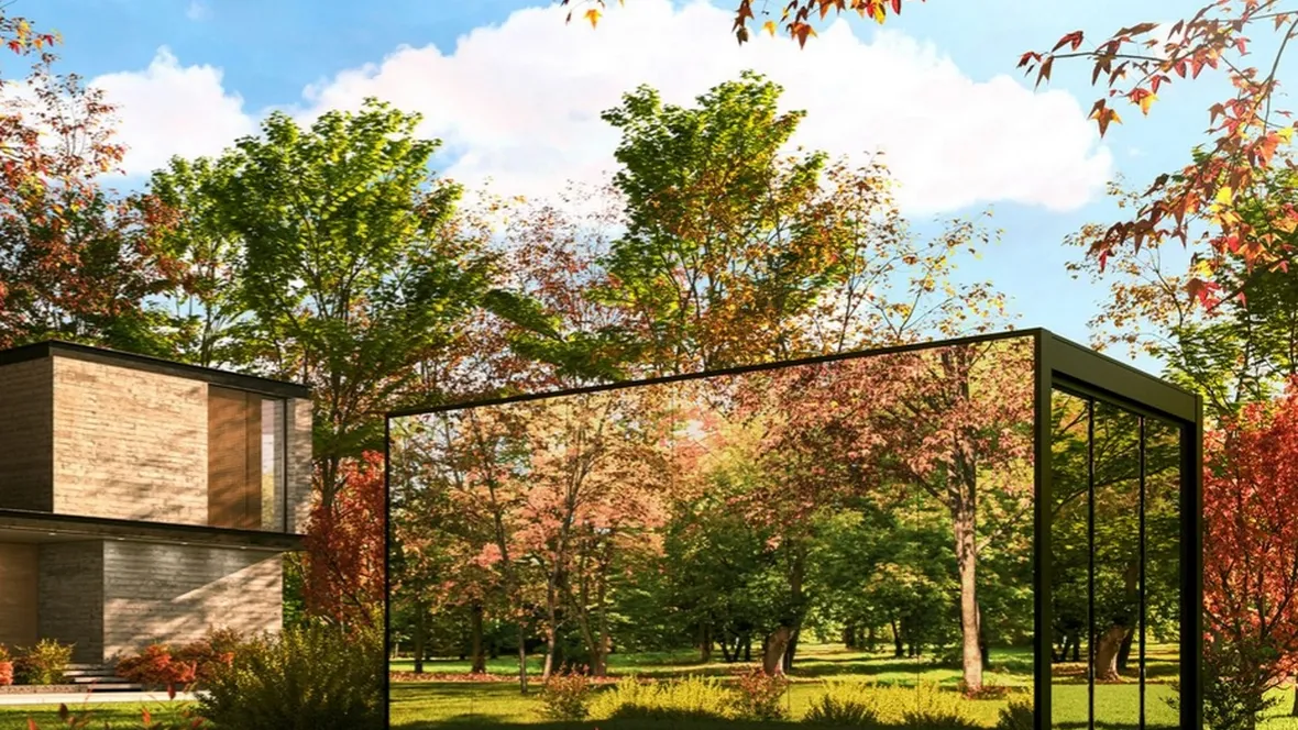 Pergola bioclimatica caratterizzata da vetrate specchiate che non impediscono la vista verso l'esterno Connect di Pratic