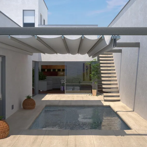 Pergola con copertura One scorrevole ad impacchettamento con tessuto impermeabile e oscurante di Pratic